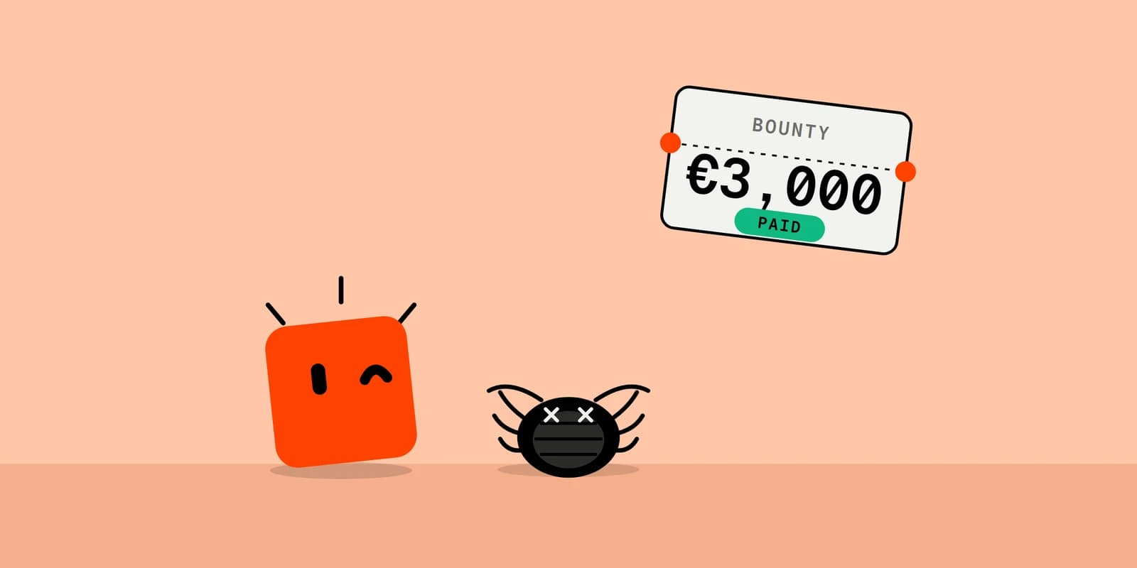 Dot, the Vulnix character, stands over a bug knocked flat on its back beside a bounty ticket reading €3,000 PAID