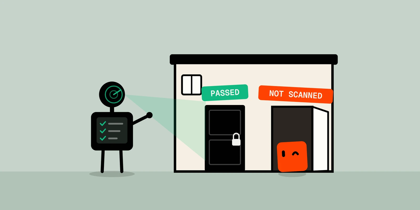 A scanner robot stamps a building's locked front door PASSED, while the side door stands wide open under a NOT SCANNED sign and Dot, the Vulnix character, winks from the doorway