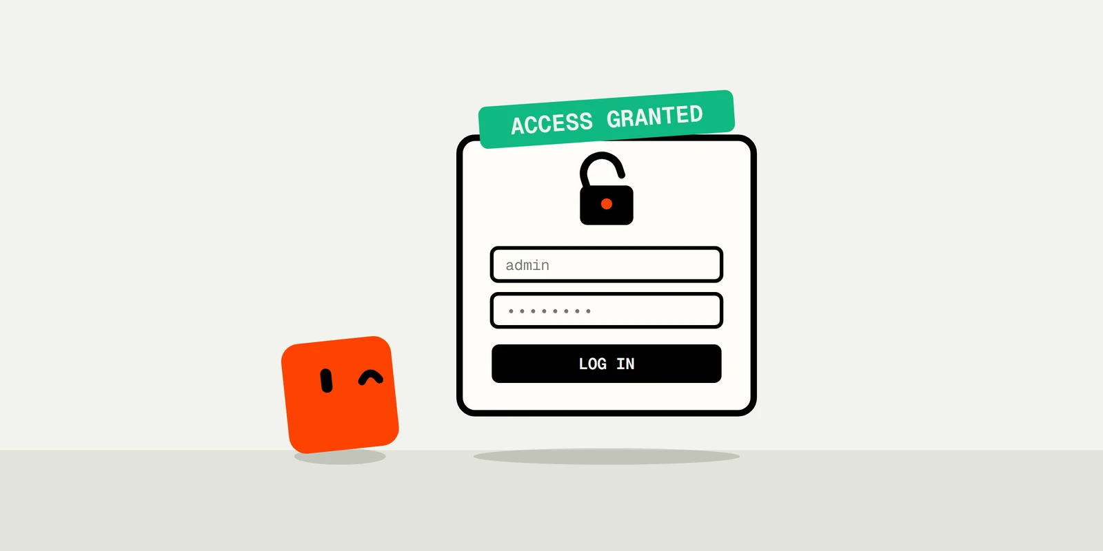 A login form with an open padlock and an ACCESS GRANTED banner above it, and Dot, the Vulnix character, winking beside it