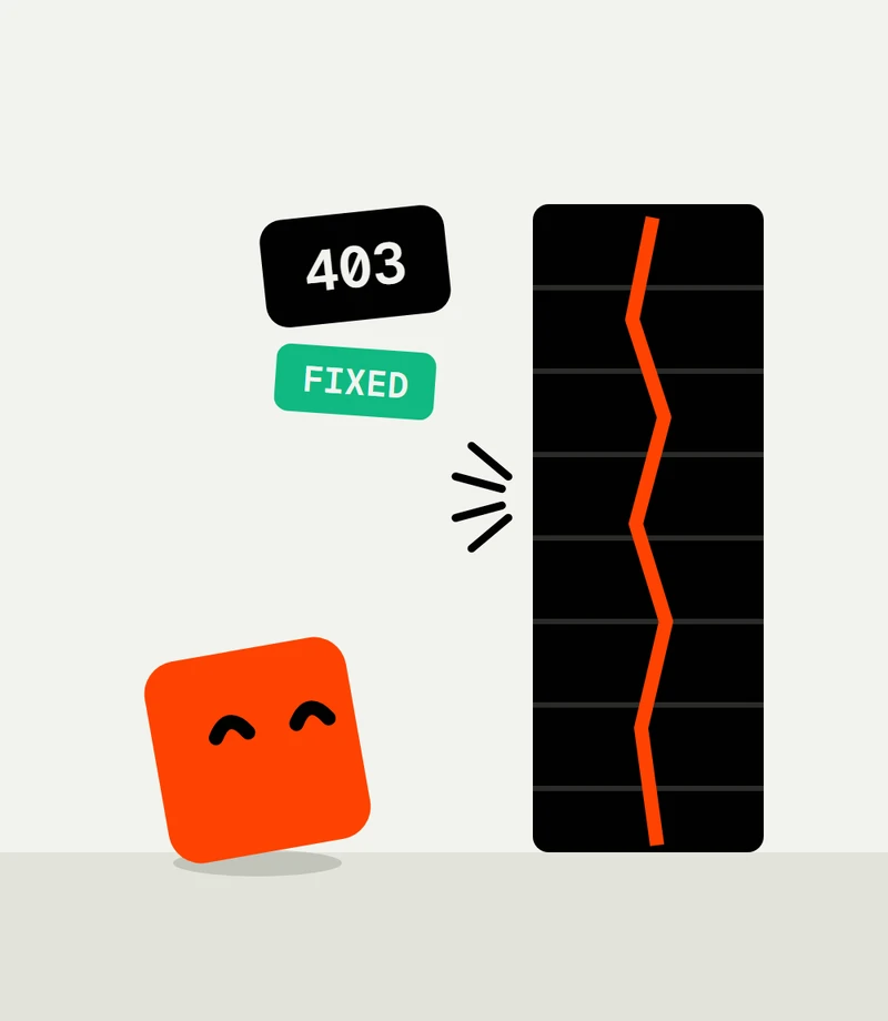 Dot bouncing off a patched wall marked 403 and fixed
