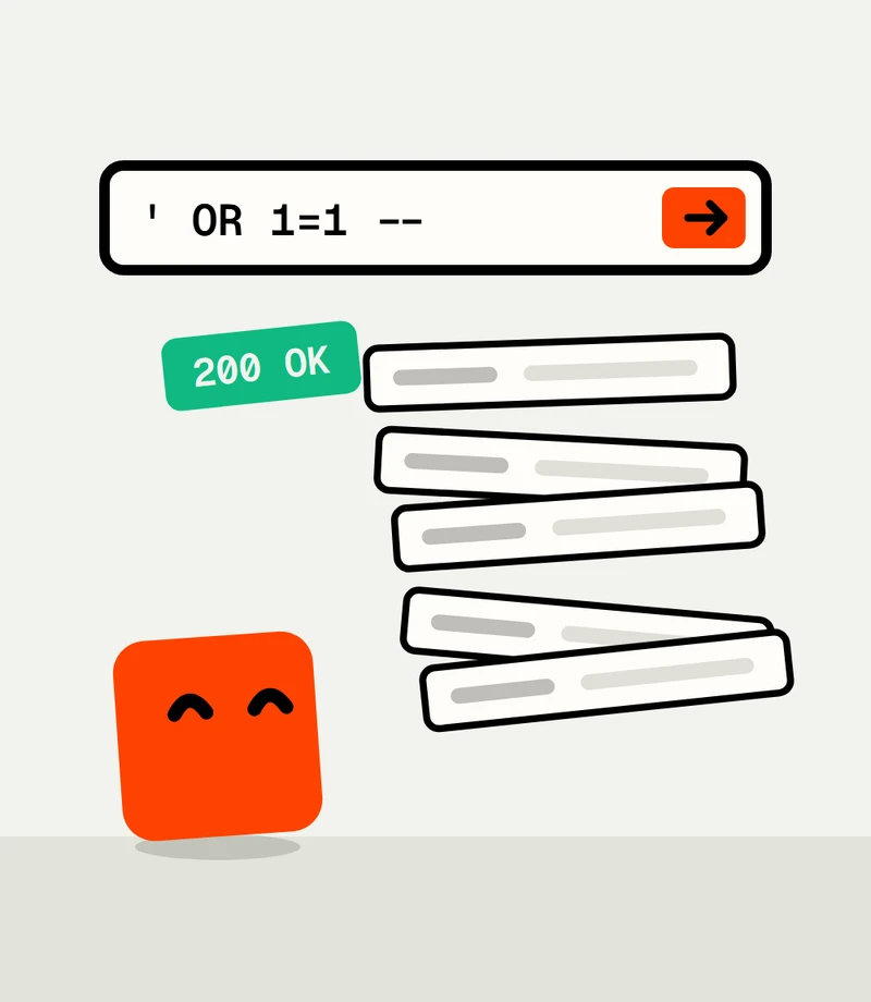 Dot beside a form holding an injection payload, with rows of records spilling out